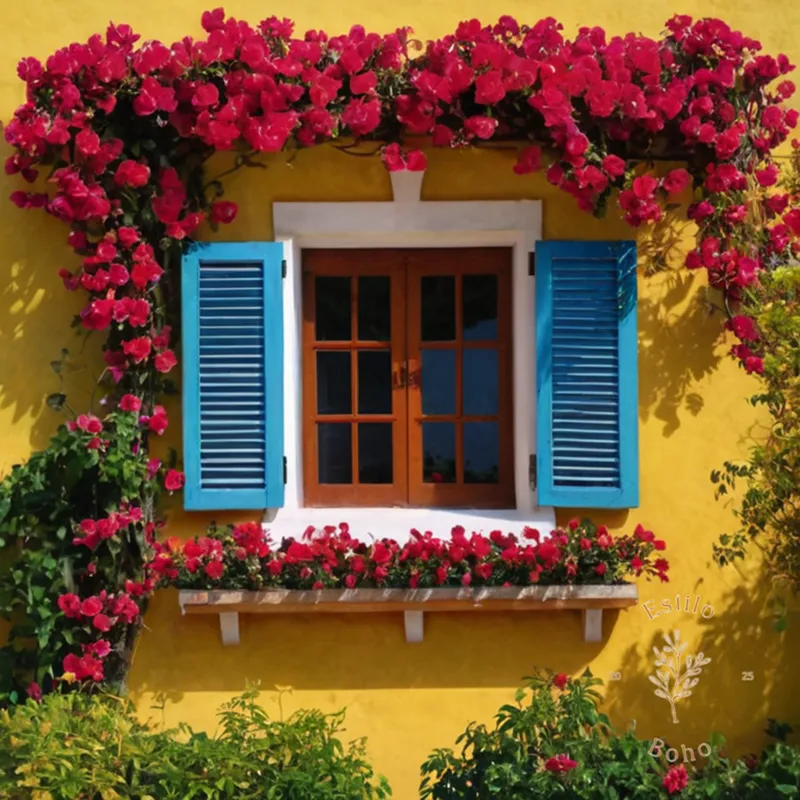 A vibrant buganvilla with yellowing leaves and red flowers.