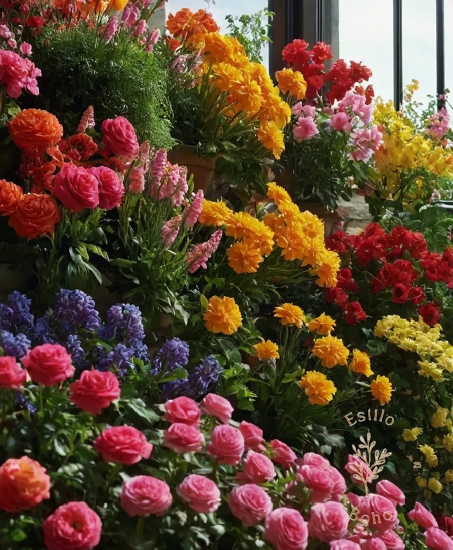 3-5 vibrant flowers or plants blooming vertically.