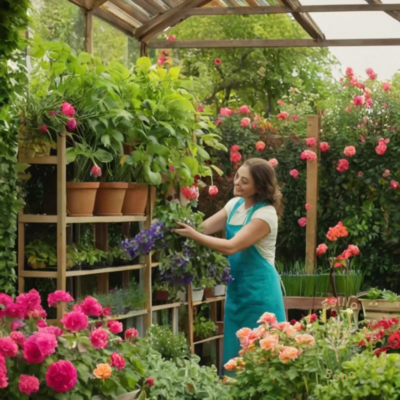 A happy person gardening, with vibrant trellis plants.