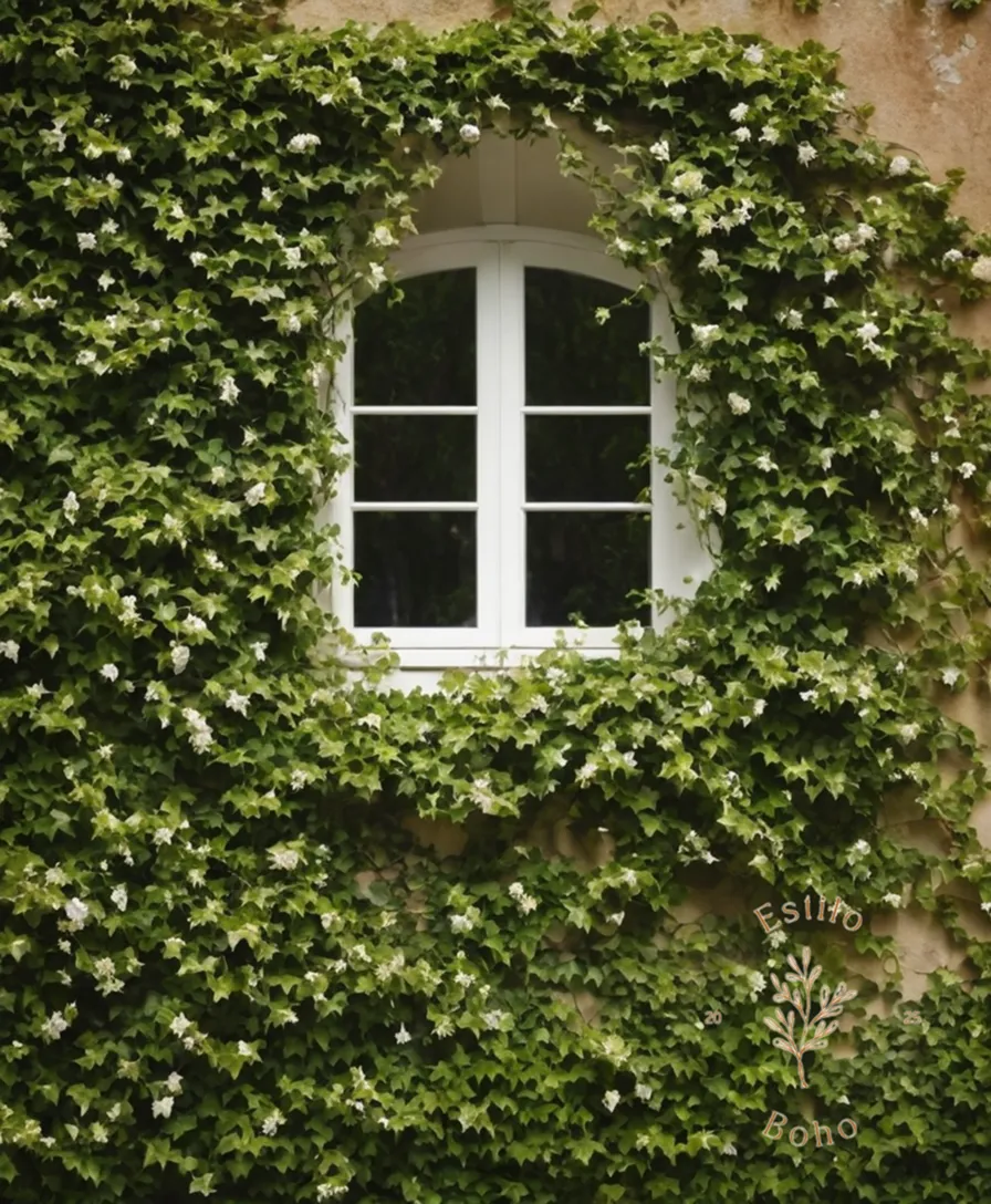 A blooming ivy-covered wall in a warm, bohemian setting.