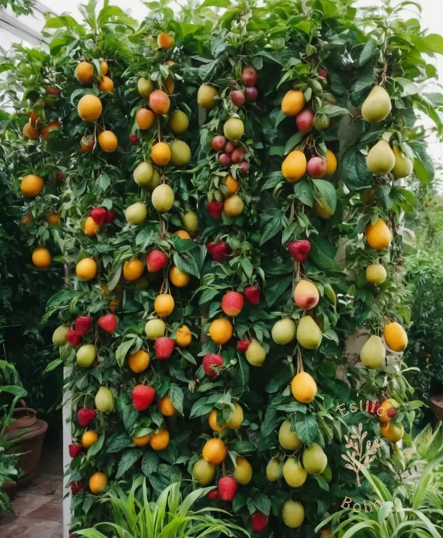 Vertical fruit plants being trained to climb bohemian garden decor.