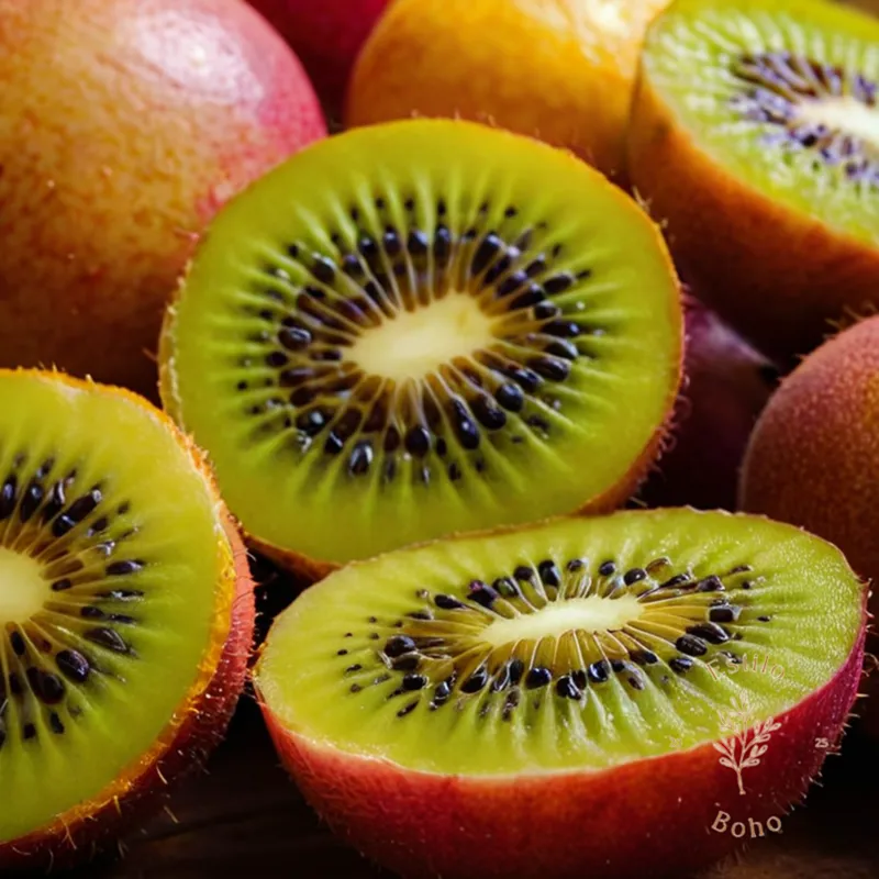 Colorful, blooming vining fruits, such as passionfruit or kiwi.