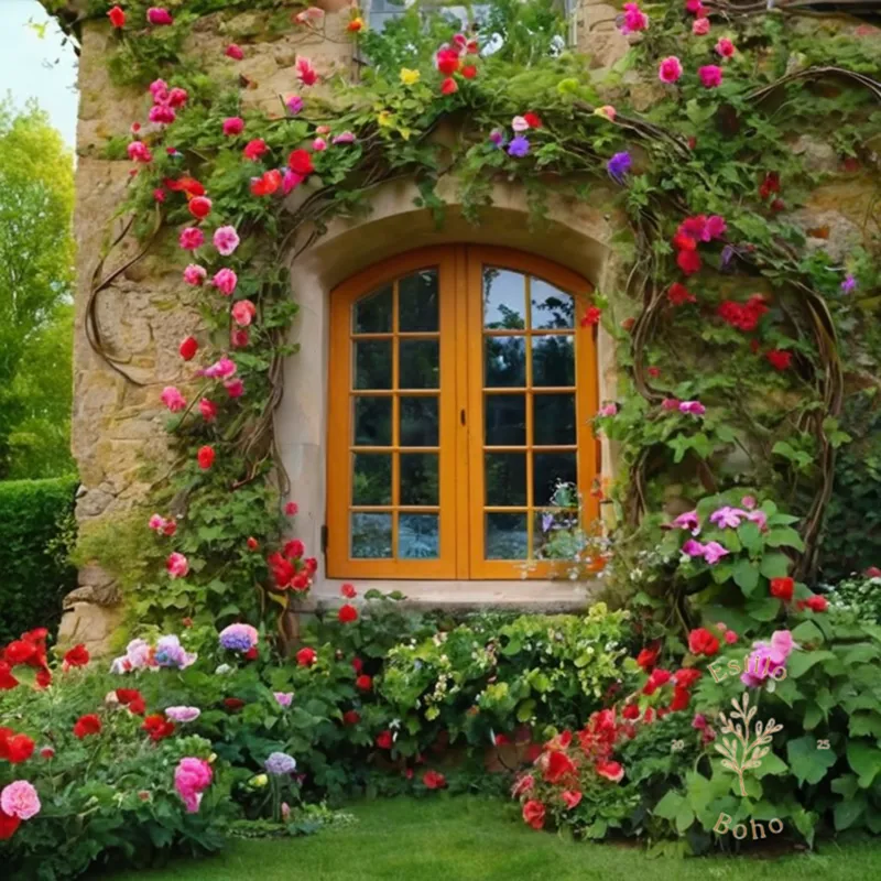 A whimsical garden with climbing vines and colorful flowers.