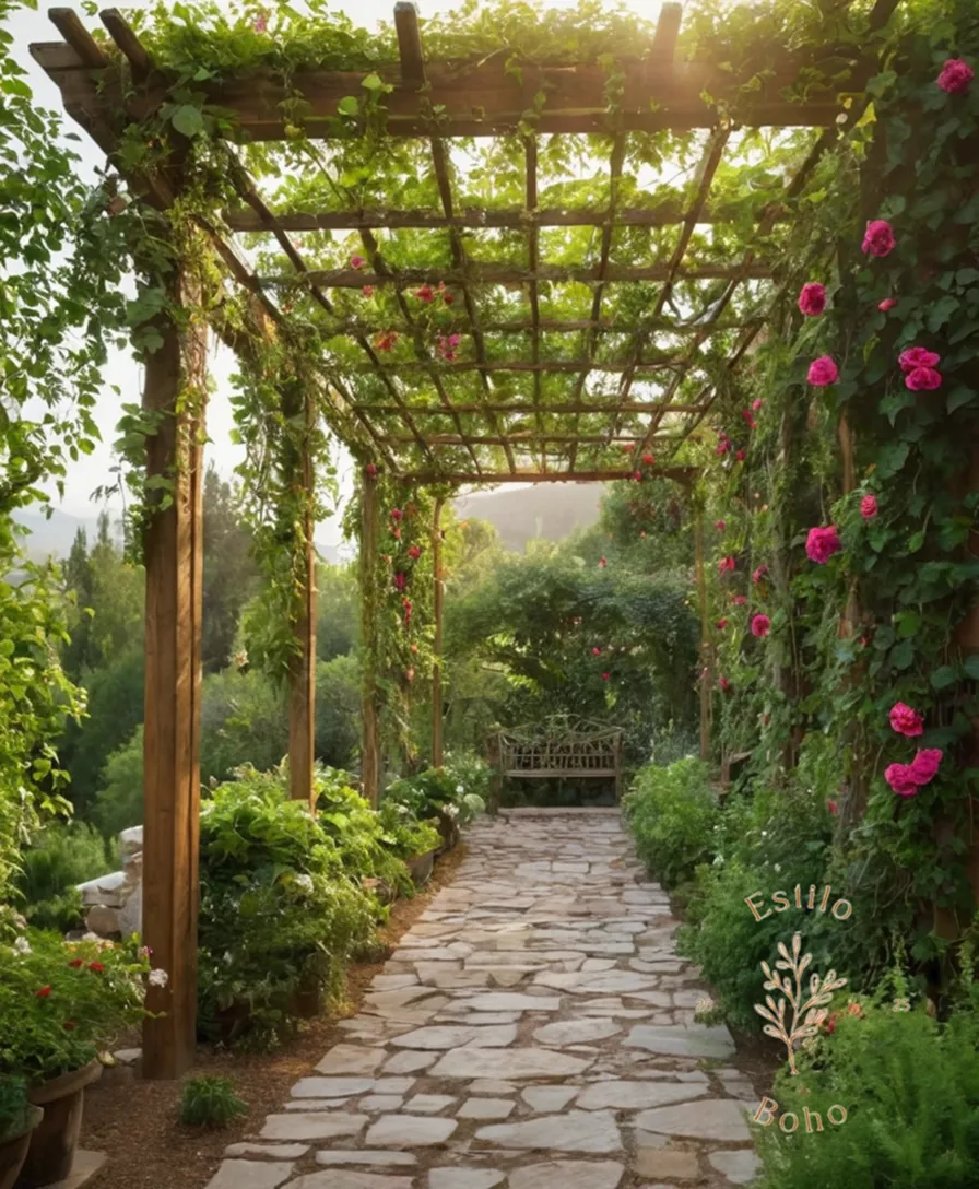 Vibrant, lush trellises and flowering vines in a natural outdoor setting.
