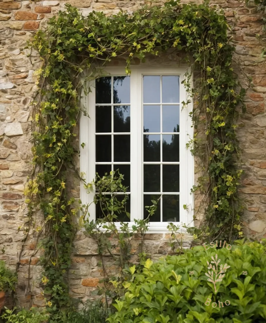 Climbing plants or vines wrapping around rustic garden decor.