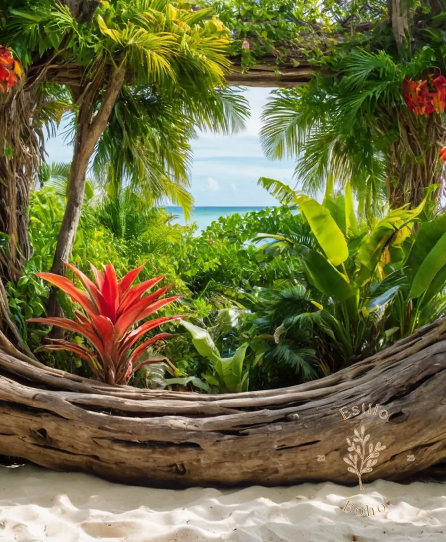 3-5 vibrant, tropical plants thriving on driftwood or rope.