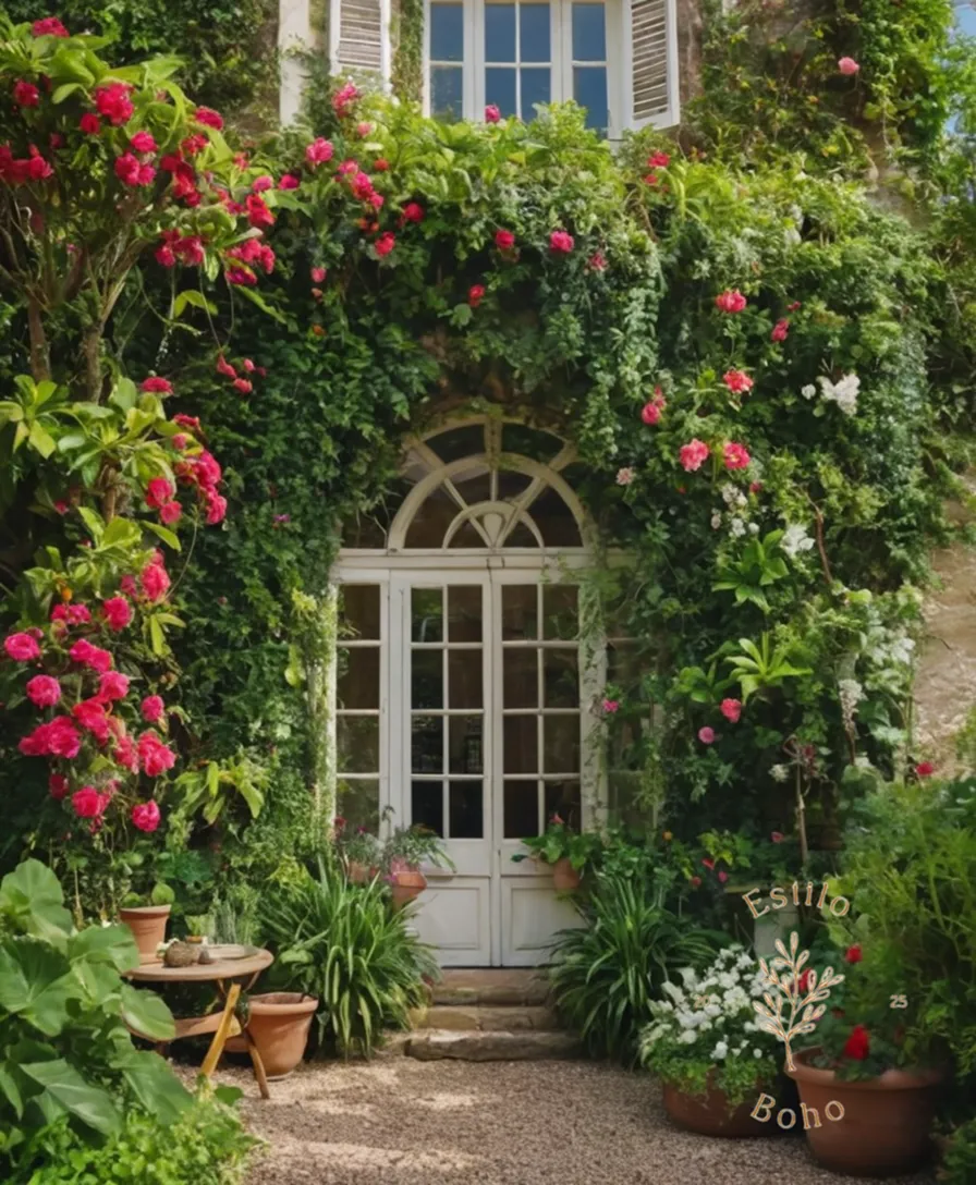A lush, bohemian garden with climbing plants and vibrant flowers.