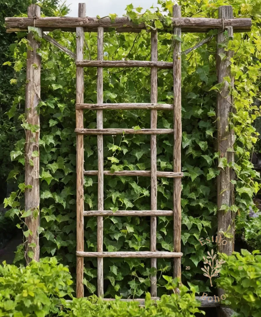 vines climbing over reclaimed wooden garden trellis.