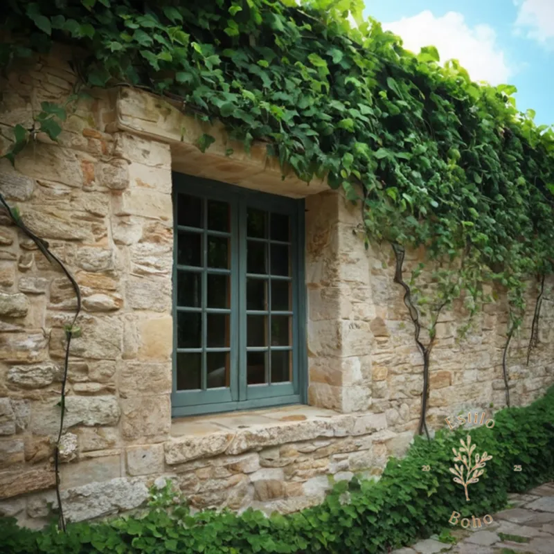 A lush climbing vine covering a stone wall.