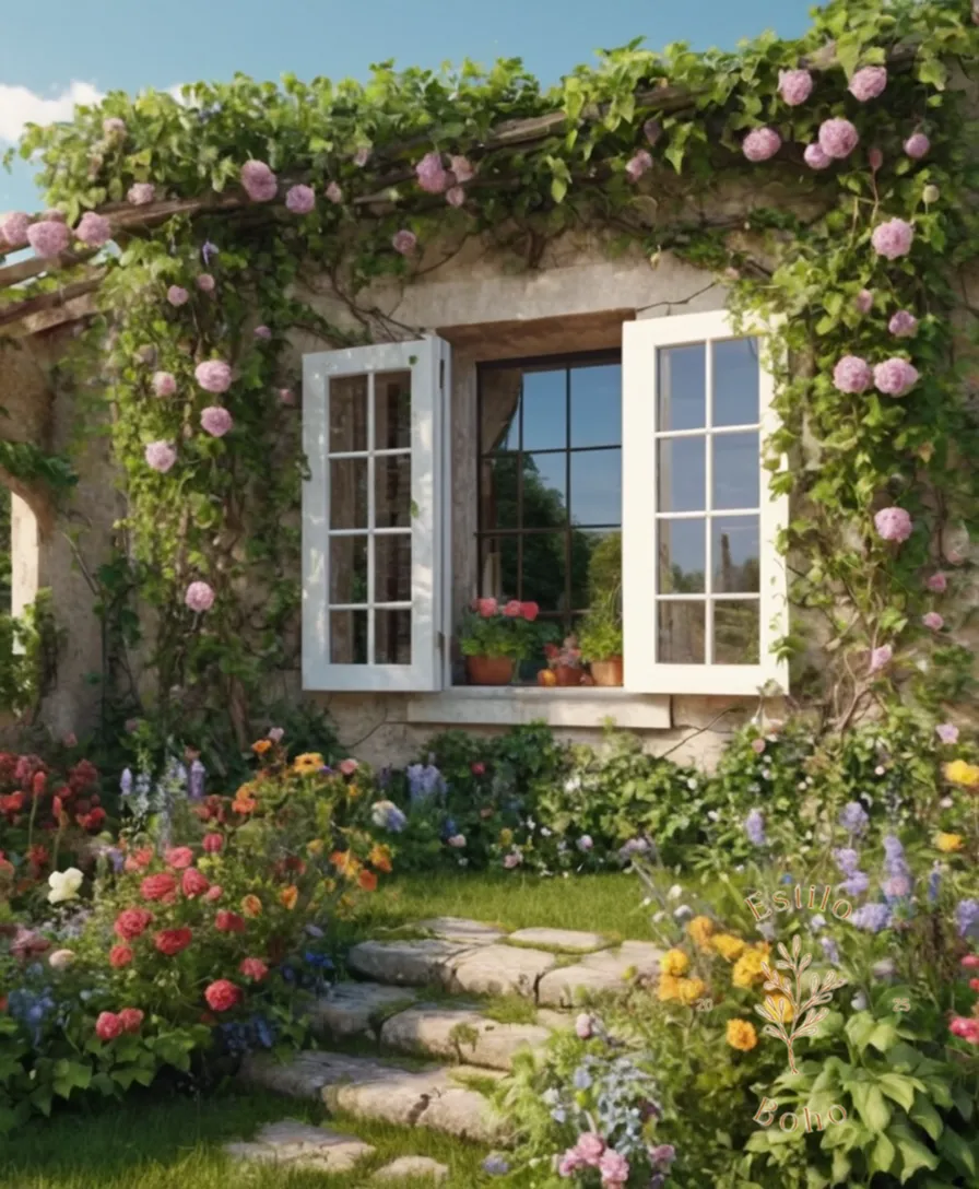 3D illustration of vines and flowers in bohemian garden style.