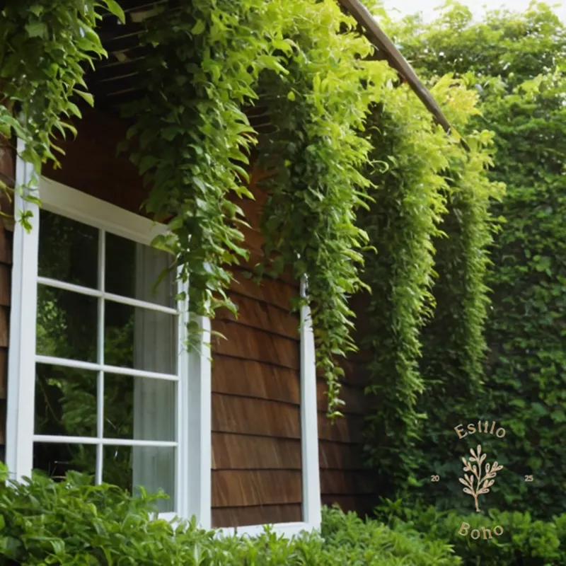 3-4 lush, thriving outdoor plants climbing up stakes or trellises.