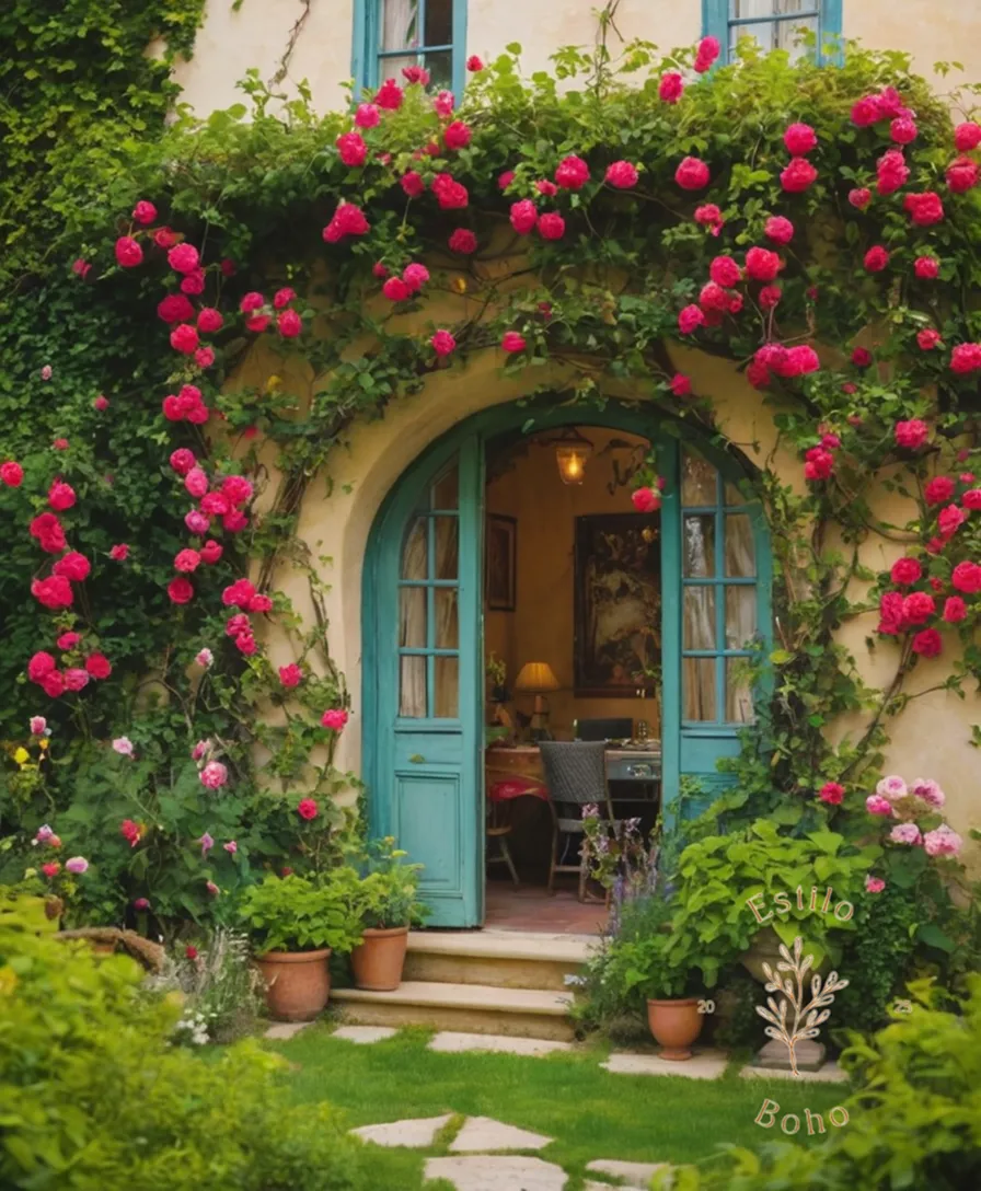 Vibrant, blooming vines covering a whimsical, eccentric garden scene.