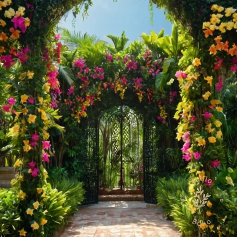 A lush, thriving tropical vine or trellis blooming exotically.