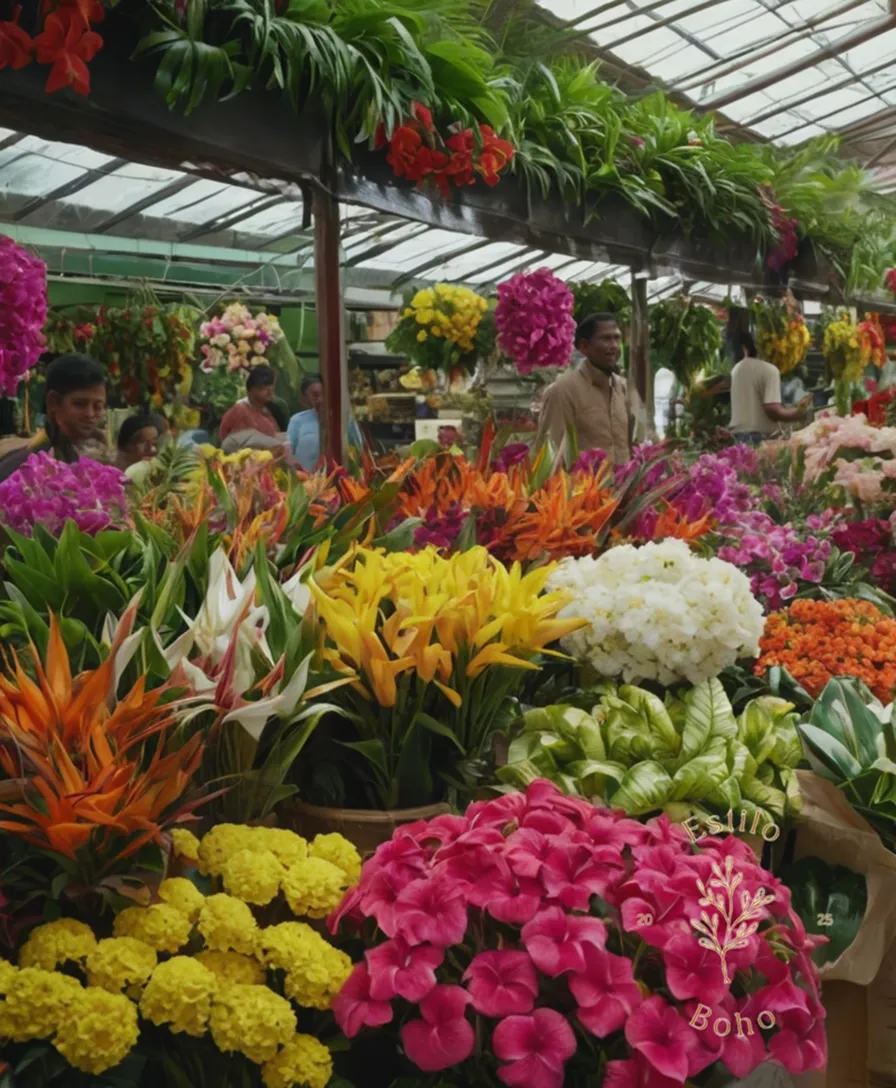 Vibrant flowers in a bustling local market setting, with tropical plants.