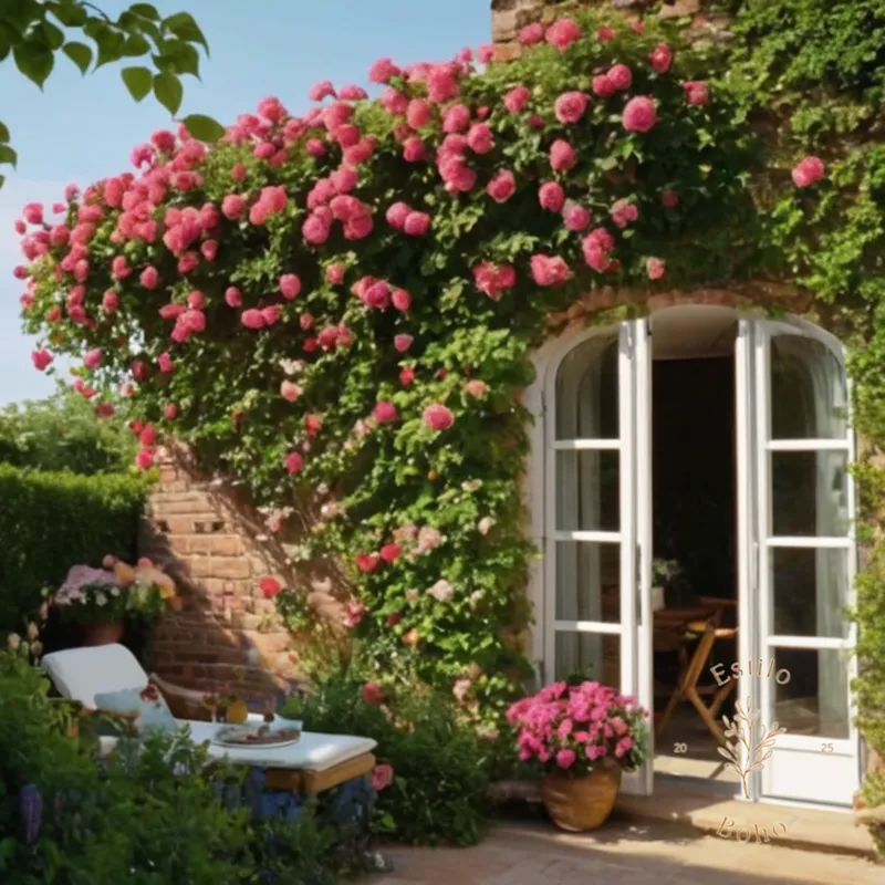 4-6 beautiful, blooming climbing plants on a sunny patio.