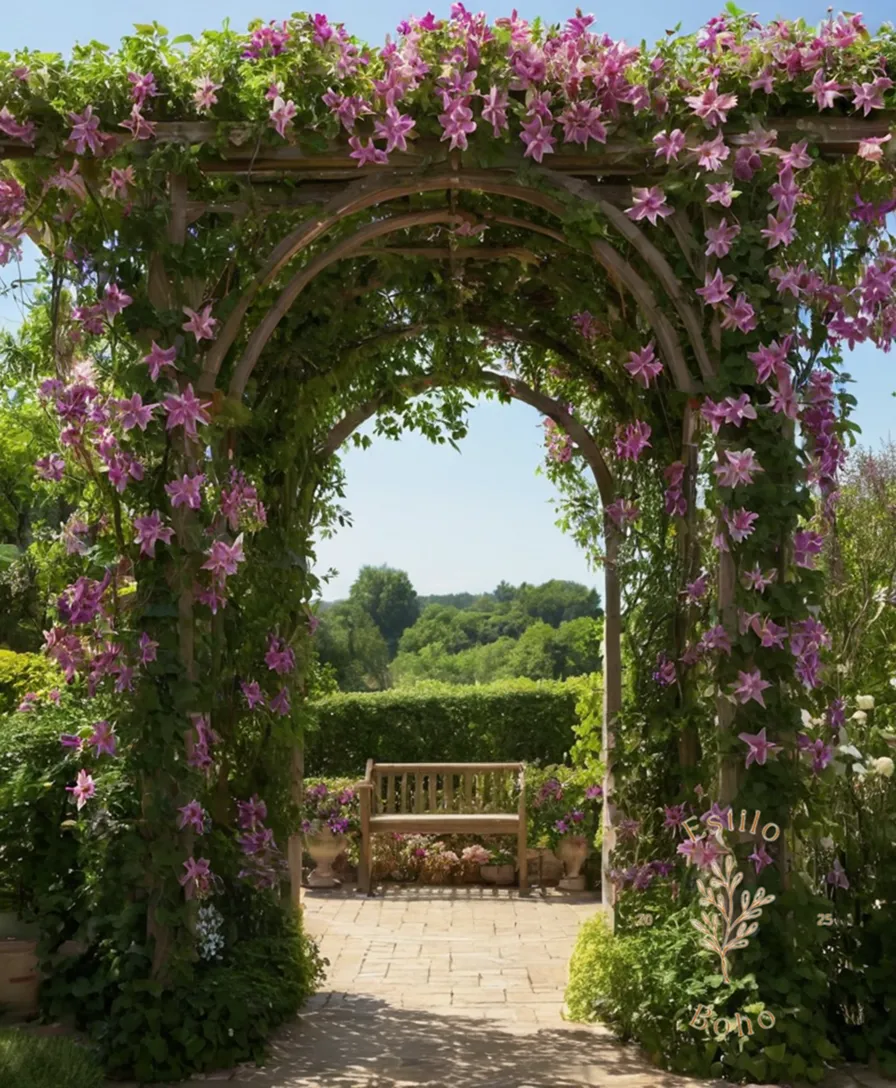 thriving clematis vines climbing over a garden trellis or arbor.