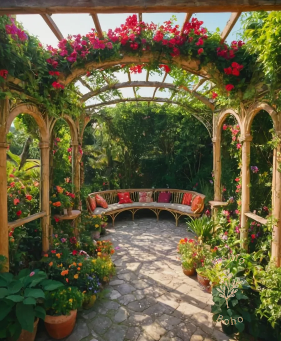 A lush, colorful garden with climbing plants entwined around bohemian-style support structures.