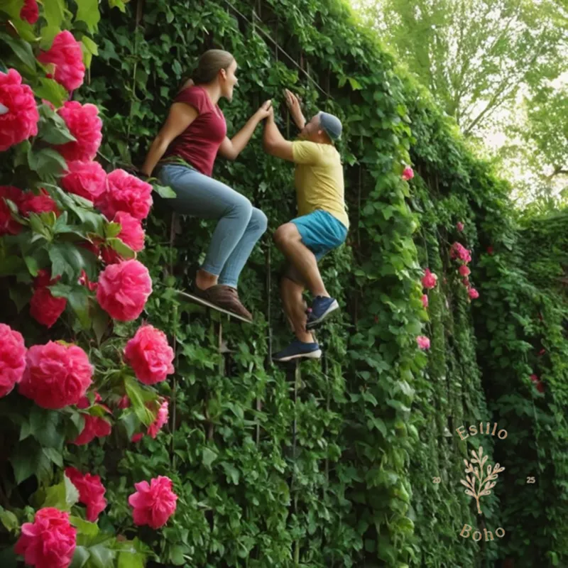 3-4 climbers on a trellis or wall, vibrant and lush.