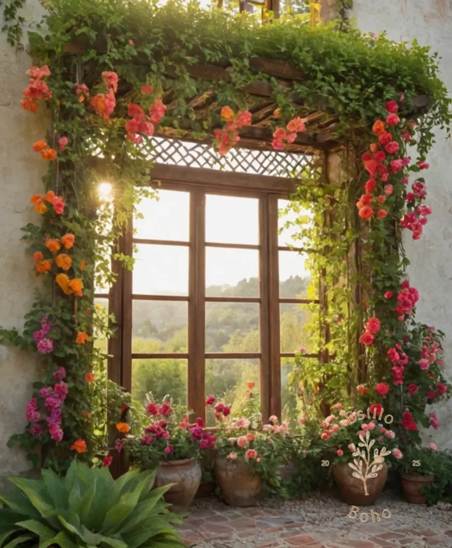 3 vibrant, flowering plants climbing on a bohemian-style trellis.