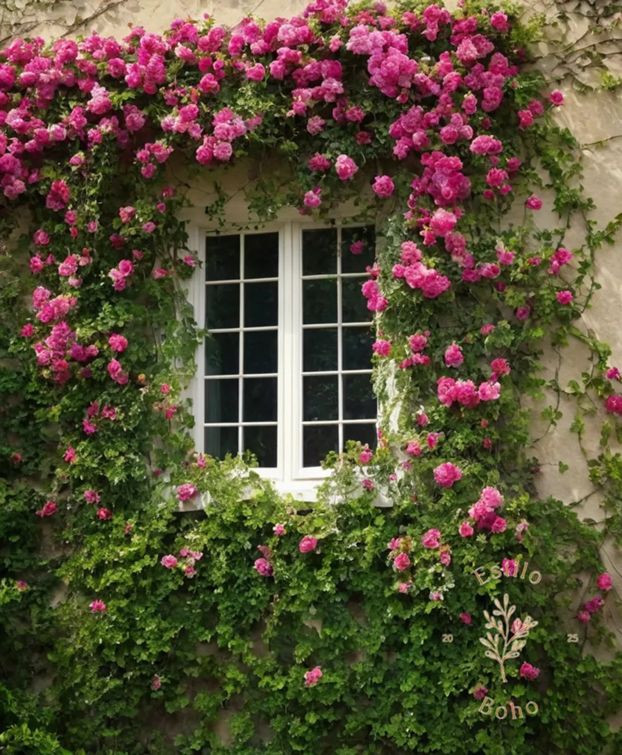 A lush, flowering vine-covered wall or trellis with blooms.