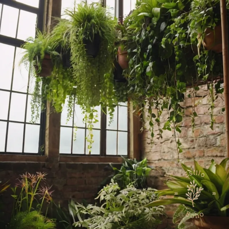 4-6 hanging plants on a bohemian-style vertical garden structure.