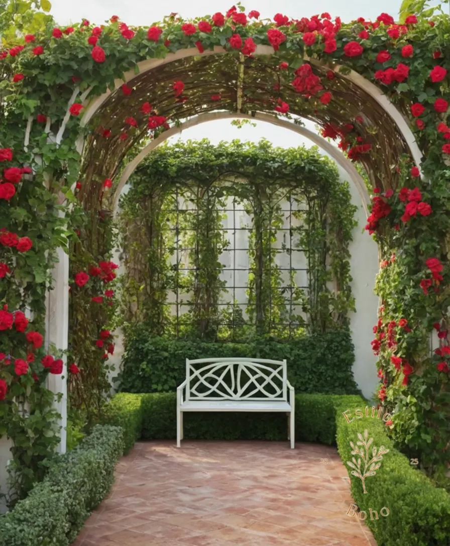 5 colorful, climbing plants entwined around a decorative trellis.