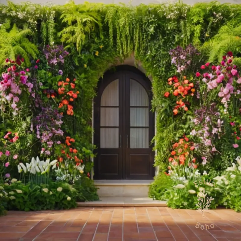 A lush, vibrant vertical garden with flowering trellises.