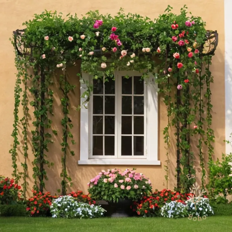 3-4 trellises or planters with blooming vines and flowers.