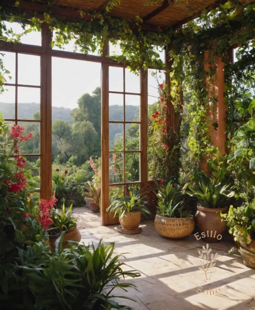 Exotic, lush vines and flowers in a bohemian-style garden setting.