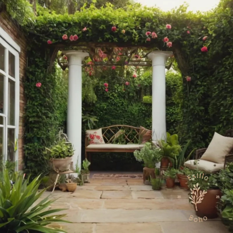 A lush, bohemian-style garden with a trellis-covered plant.