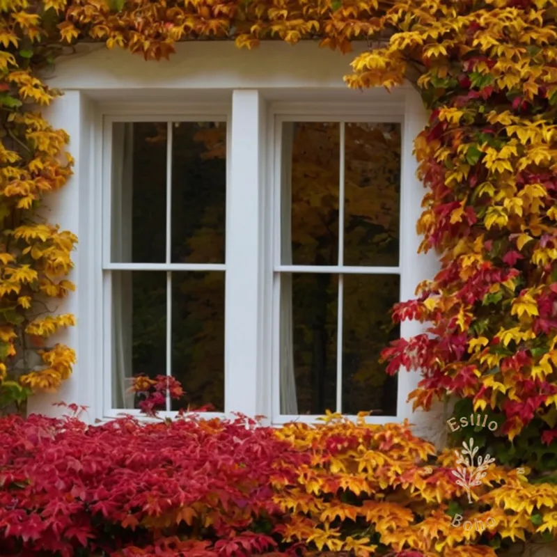 A vibrant climbing plant in bloom during fall foliage season.
