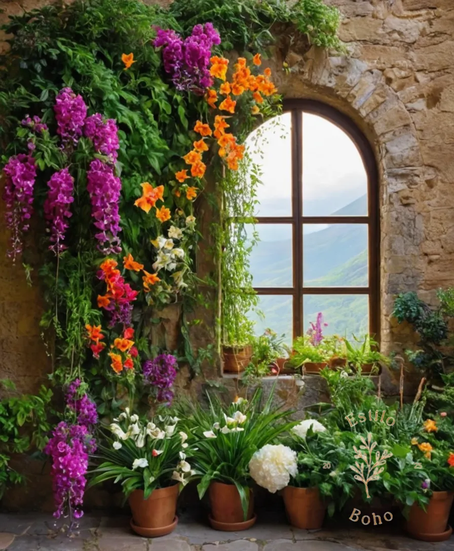 Vibrant plants and flowers cascading down a textured, bohemian wall backdrop.