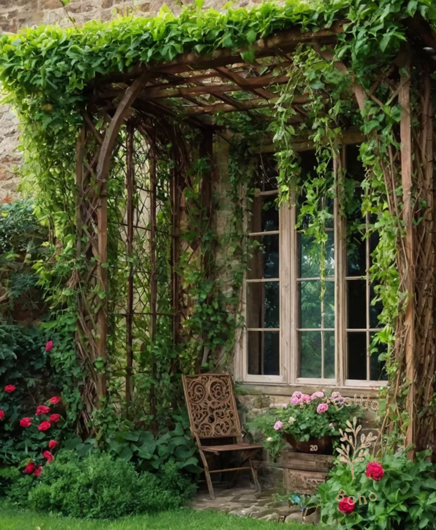 A trellis overflowing with lush bohemian vines.