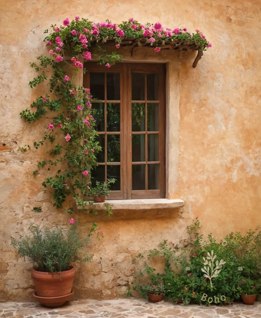 A lush, flowering plant climbing over a rustic Mediterranean-style wall.