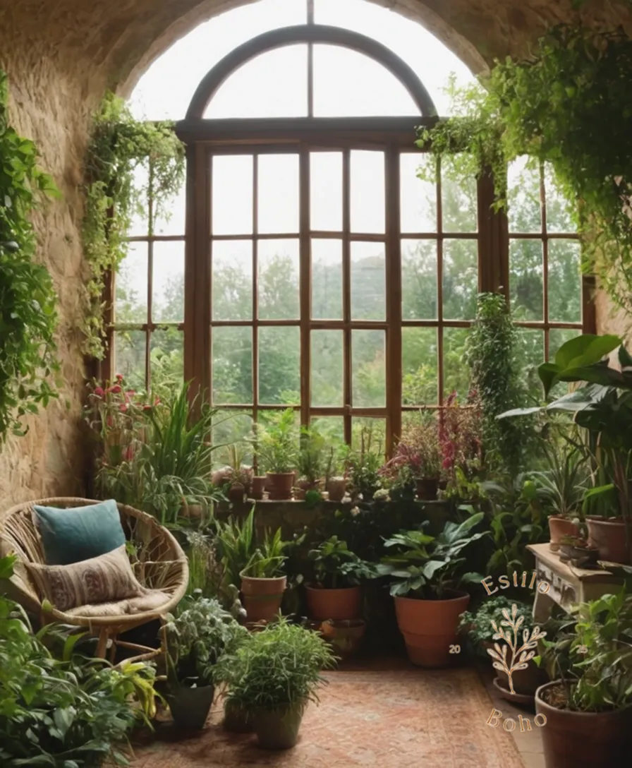 A bohemian garden scene with lush, trailing plants.