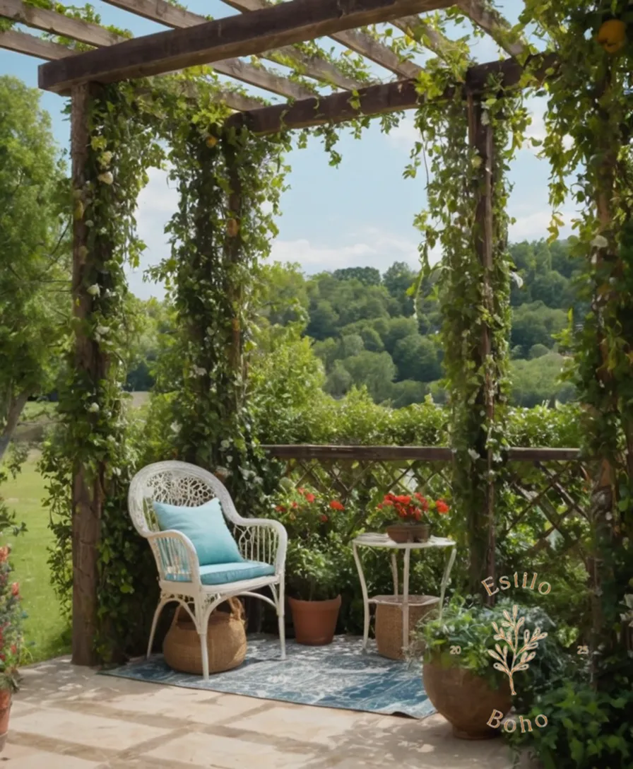 3 beautiful climbing plants adorning a bohemian pergola or arbor.