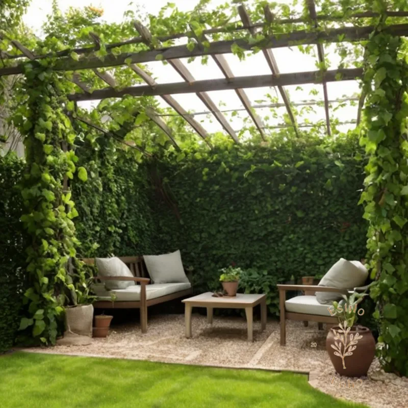 A pretty vine-covered pergola with lush climbing plants.