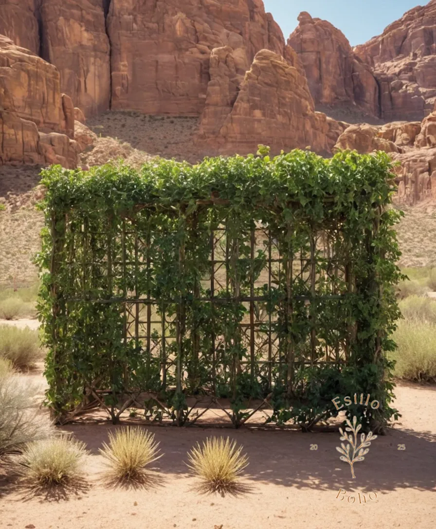 A lush, water-conserving trellis plant in arid desert conditions.