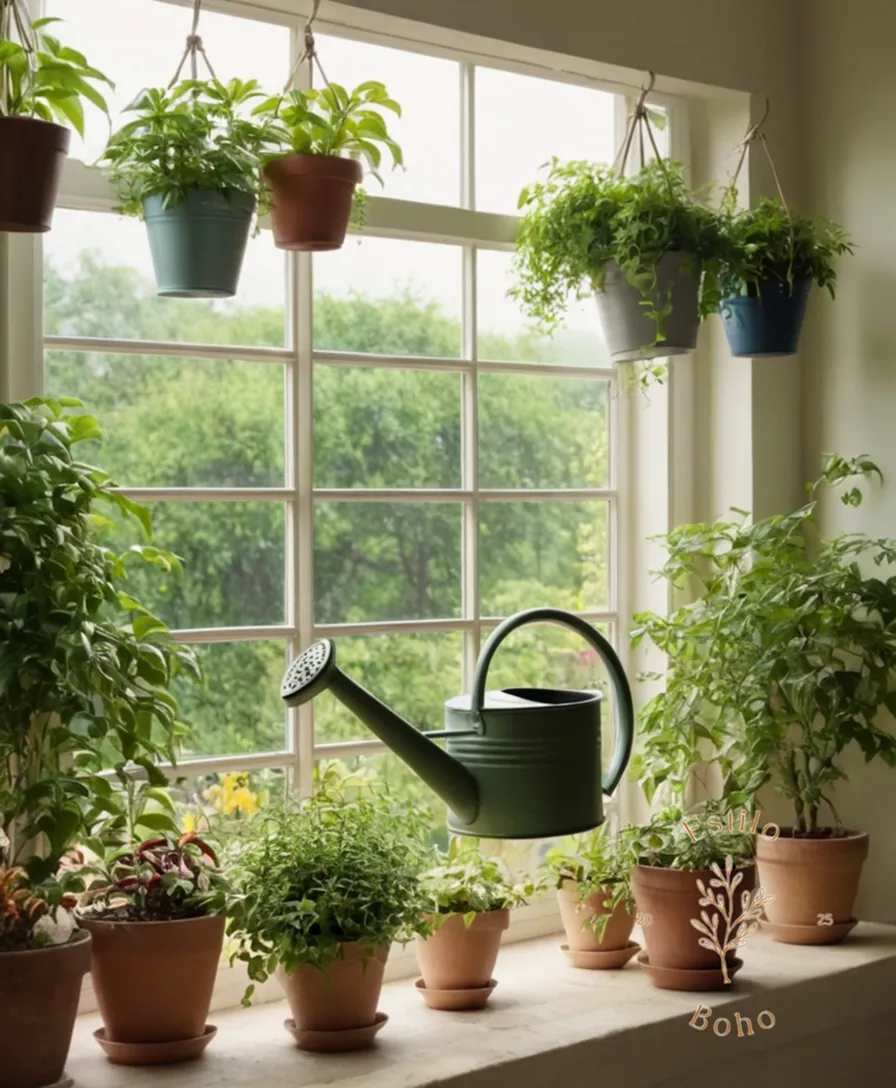 a lush, watering can surrounded by trellising plants in pots.