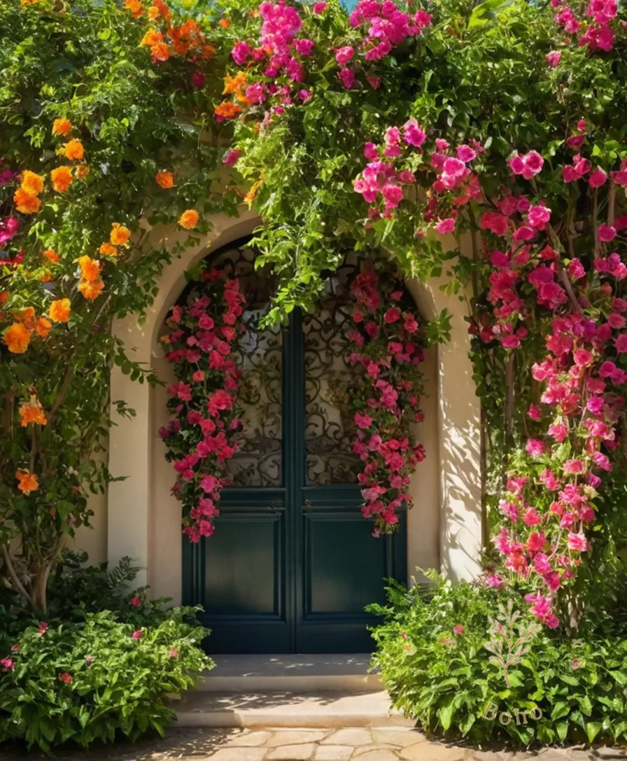 4 vibrant trellises blooming exotic flowers in dappled shade.
