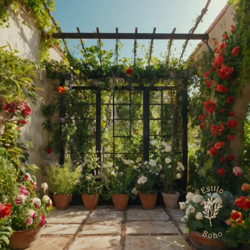 A lush, bohemian garden with vines and flowers on trellises.