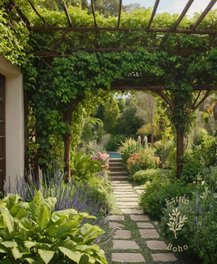 A lush, vibrant garden with native trellises and climbing plants.
