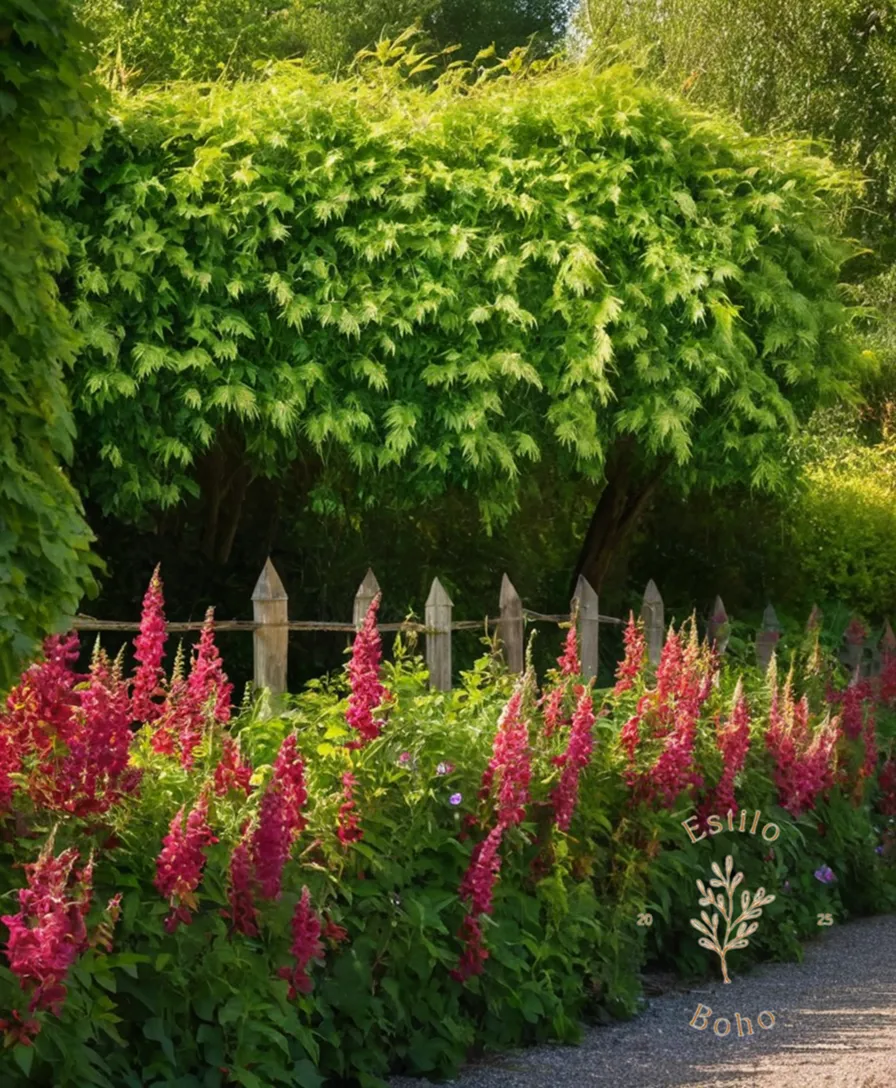 Vibrant, flowering creepers growing along wooden fenceposts in a warm garden setting.