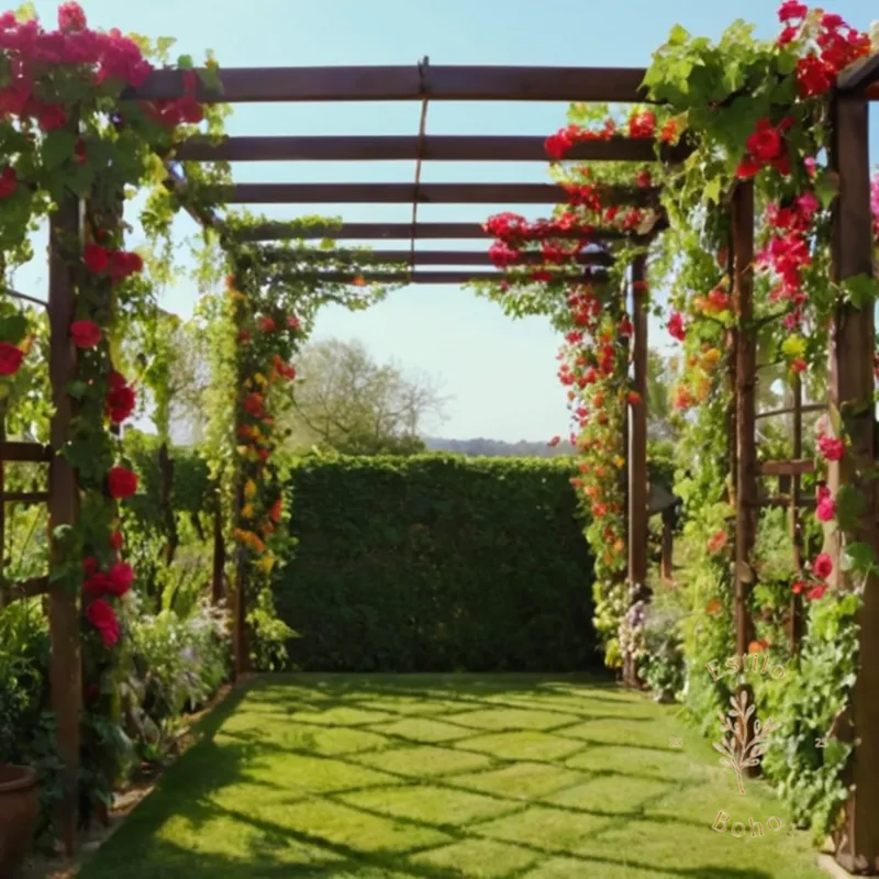 2 colorful, blooming vines climbing a sunny outdoor trellis.