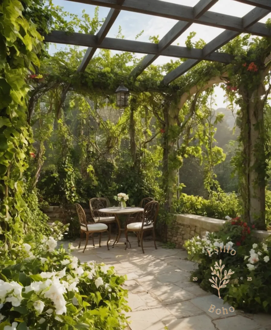 A pergola wrapped in lush, exotic vines and flowering plants.