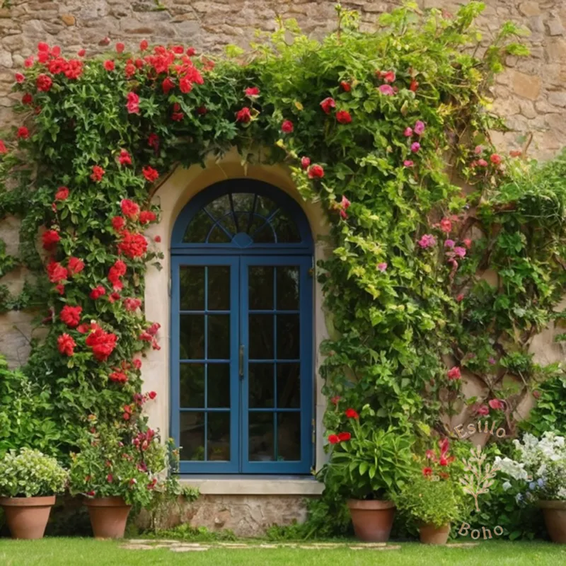 A vibrant trellis with thriving, climbing plants and flowers.
