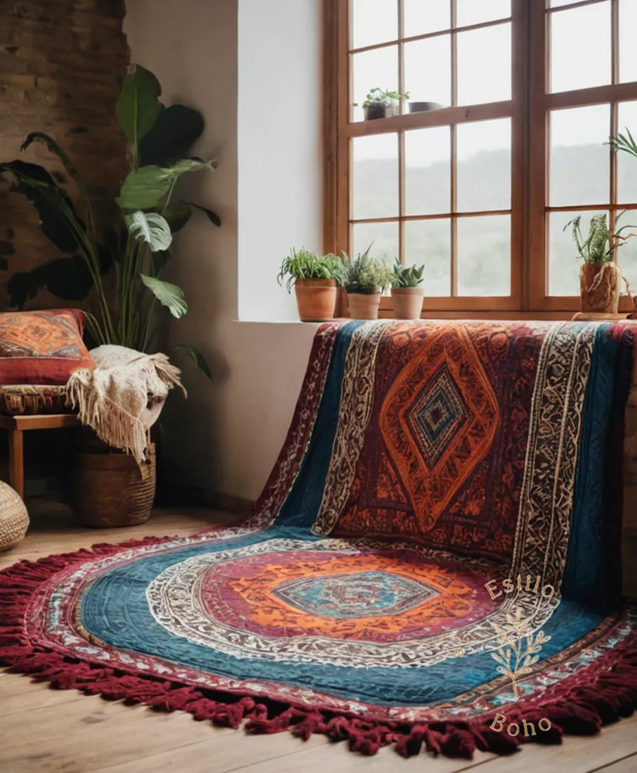 A bohemian blanket or throw in various design types.