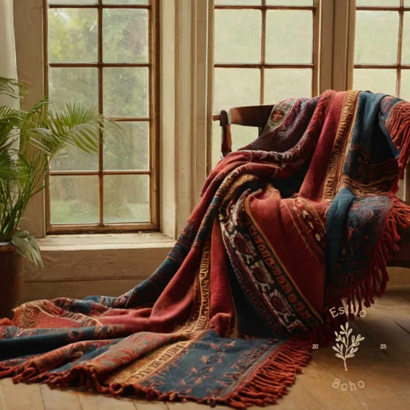 2-3 bohemian blankets/shaws draped elegantly together.