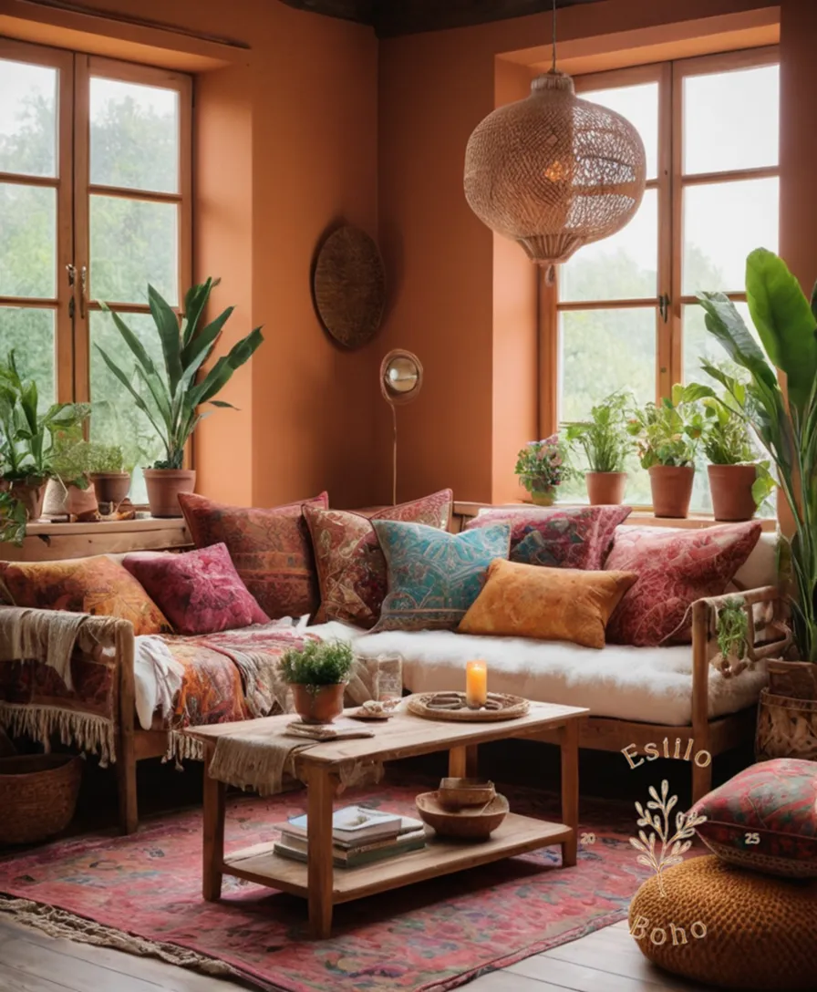 A photograph of a bohemian-style living room with organic cotton fabrics.