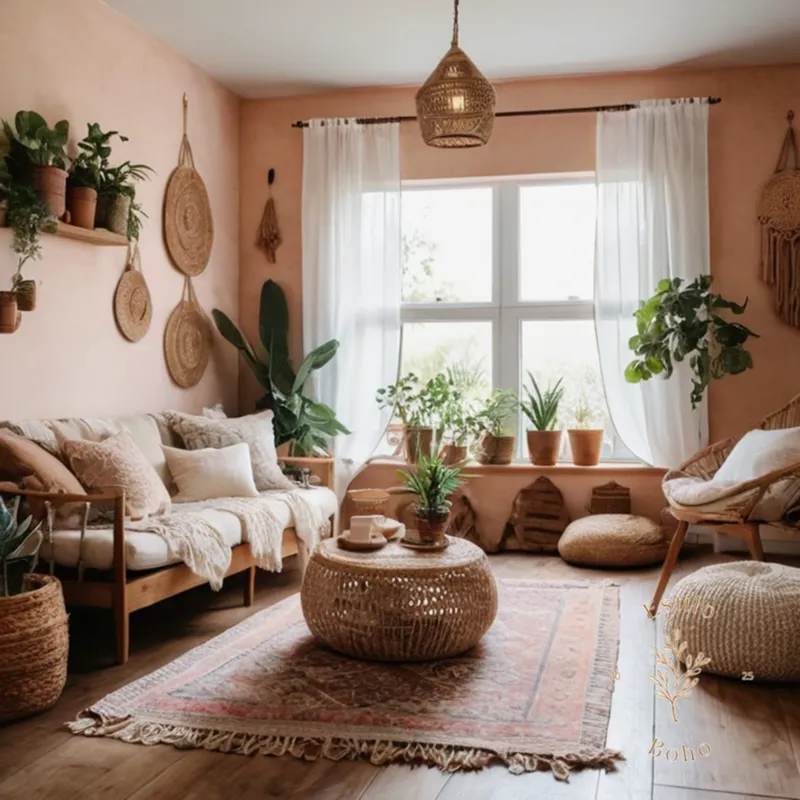 BoHo-themed living room with organic cotton decor elements.